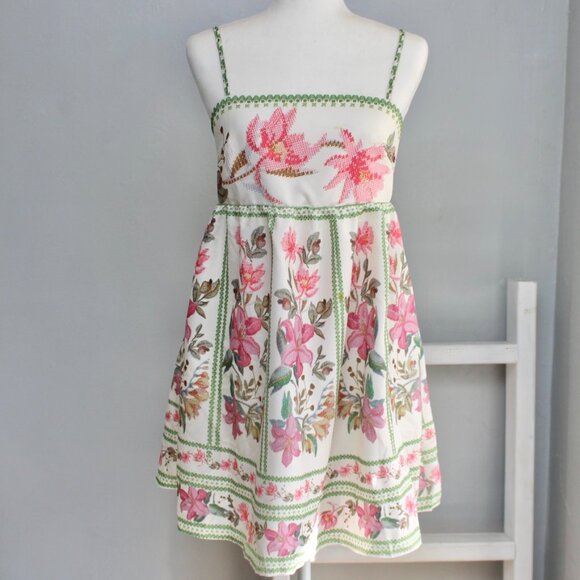 Women's White Multicolor Empire Waist Open-Back Spaghetti Strap Dress Size Small - Picture 1 of 5